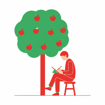 A person sitting on a simple wooden stool under a minimalist apple tree, working on a tablet with a stylus, clean white background, limited color palette of red and green, minimalist flat vector