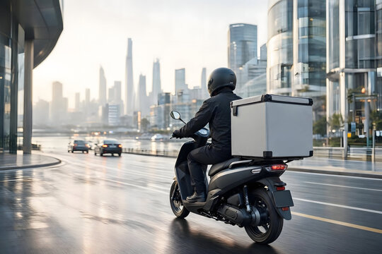 Delivery Scooter with Blank Cargo Box Against Modern City Background &ndash; Creative Courier Advertising Banner with Generous Negative Space
