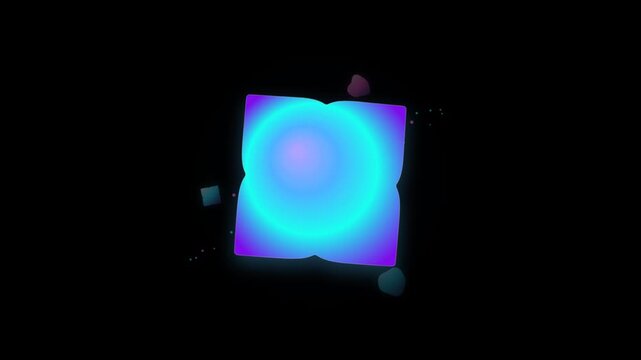 Central glowing, amorphous blue and purple blob-like shape with subtle surrounding particles set against a deep black background.