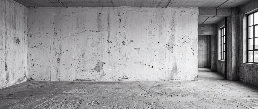 Empty industrial loft interior with raw concrete walls and large windows