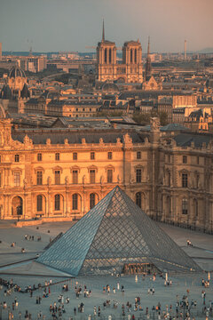 golden hour, city of paris, aerial view, france, louvre