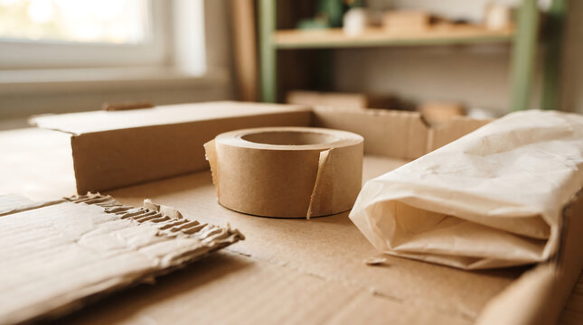 Eco-friendly packaging workspace with brown paper tape, cardboard, and crumpled sheets &mdash; sustainable hobby and leisure setup for DIY crafts, recycling, and creative projects
