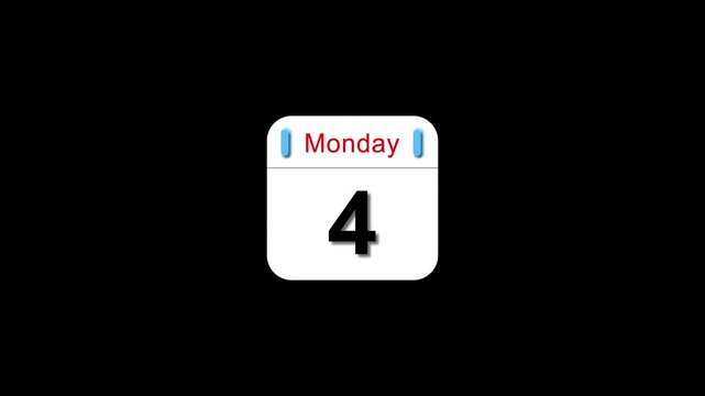 Calendar showing Monday the 4 isolated on black background. date reminder concept for business planning and scheduling on black background.