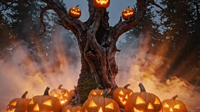 Glowing jack-o-lanterns on gnarled tree in spooky misty forest