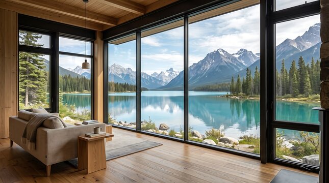 Modern living room features a large floor-to-ceiling glass window showcasing a breathtaking view of a mountain lake and pine forest.