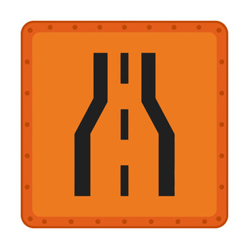 Orange traffic road sign indicating narrowing road ahead vector illustration.