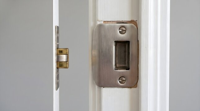 Metal door strike plate installed on a wooden frame close up.