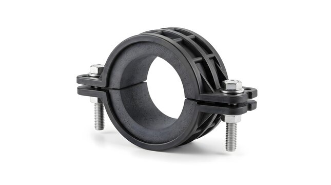 Heavy duty black rubber lined pipe clamp holder bracket with screws isolated on white background.