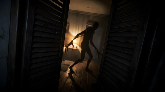 Monster silhouette entering a dark bedroom through a doorway.
