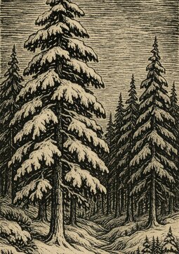 Vintage forest winter scene wallpaper.