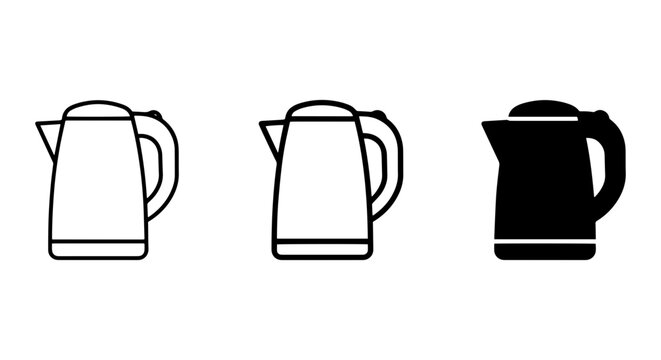 Electric Kettle Icons, Simple Outline and Silhouette Designs, Kitchen Appliance Vector Graphics