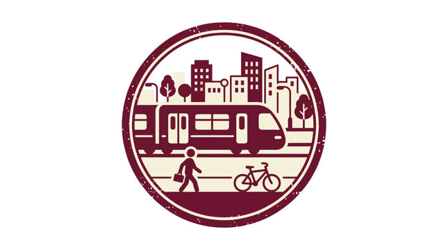 Urban Transit Icon: Train, Bicycle, Pedestrian, City Skyline