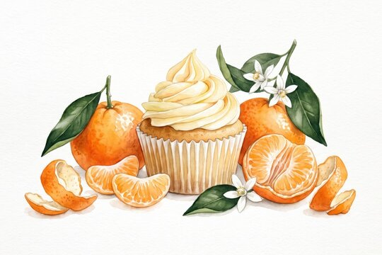 Watercolor painting depicts a frosted cupcake amidst ripe mandarins, green leaves, and citrus blossoms. Represents fresh, natural ingredients for delightful dessert creations.
