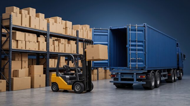 A yellow forklift transports a cardboard box towards an open blue shipping container inside a warehouse. This illustrates vital distribution processes and optimized global supply chain management.