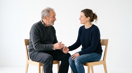 Fototapeta premium Elderly man and young woman talking while sitting on chairs