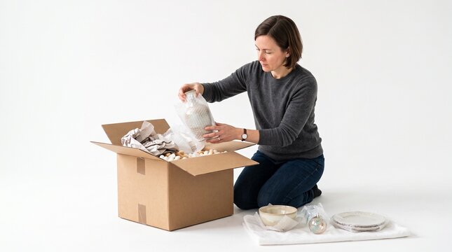 Woman carefully packing fragile items in a cardboard box with bubble wrap and packing peanuts