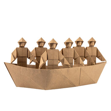 Five figures crafted from brown paper navigate across a dark background in a folded boat