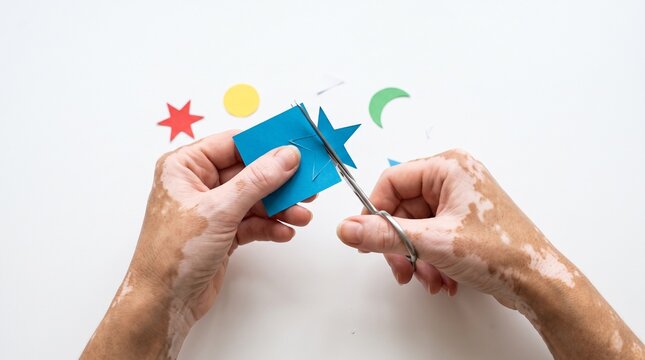 Person with vitiligo cutting out a star shape from blue paper with scissors