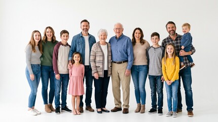 Fototapeta premium Multi generational happy family posing together in studio portrait