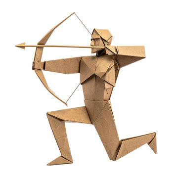 Paper folding craft depicts a kneeling archer aiming an arrow with precision
