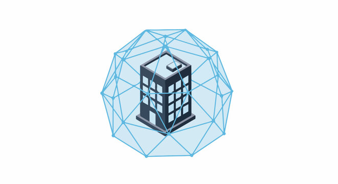 A simplified isometric 3D small office building protected by a transparent blue geometric dome made of interlocking lines, signifying a quantum security perimeter, minimalist design with 4