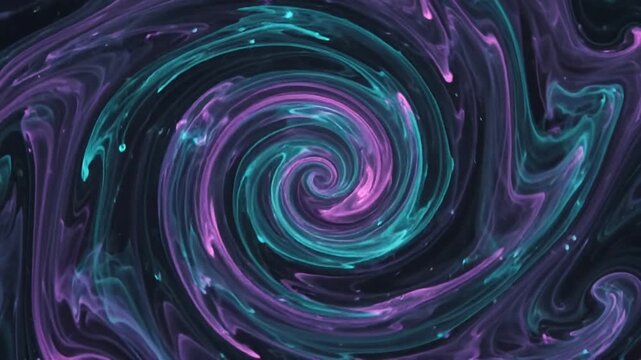Abstract Purple and Teal Ink Swirl Spiraling in Fluid Motion on Dark Background