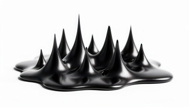Ferrofluid liquid forming sharp black magnetic spikes isolated against a clean solid white background surface.