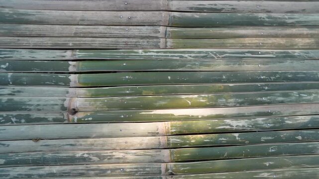 Natural background featuring a weathered surface made of horizontally aligned green bamboo sticks, showing distinct textures, nodes, and silver screw heads.