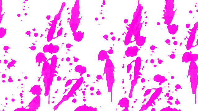 Vibrant pink paint splatters on white background, abstract ink drips and spray texture, artistic neon magenta splash pattern