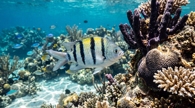 Sergeant major fish swimming near a vibrant coral reef in clear water