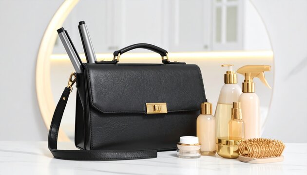 Black leather handbag on vanity with beauty products.