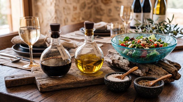 Rustic dining table set with glass cruets of oil and vinegar alongside fresh salad and wine