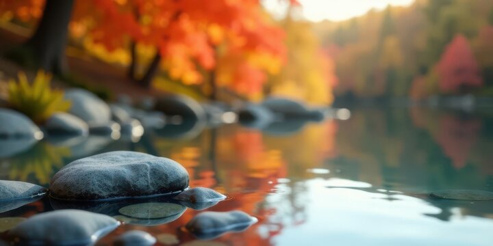 Serene Autumn Reflection Smooth stones resting gently on tranquil water, mirroring the vibrant hues of fall foliage in a peaceful, natural setting.