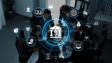 Fototapeta premium Group of Business Professionals Collaborating on Financial Strategies with Technology and Digital Icons Representing Finance and Innovation. Entropy.