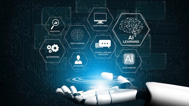 AI learning system involves deep learning, supervised machine learning, and natural language processing. AI learning diagram shows how AI advances learn in automation and data processing. Muxer