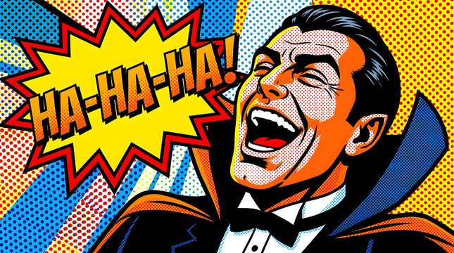 Laughing vampire man in colorful pop art comic style.