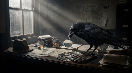 Naklejka premium Gothic Black Raven Perched on Desk in Dim Office