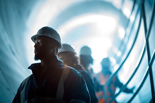 Construction worker wearing white hard hat uniform. Industrial tunnel underground with bright lighting and coworkers walking. Engineering labor career professional