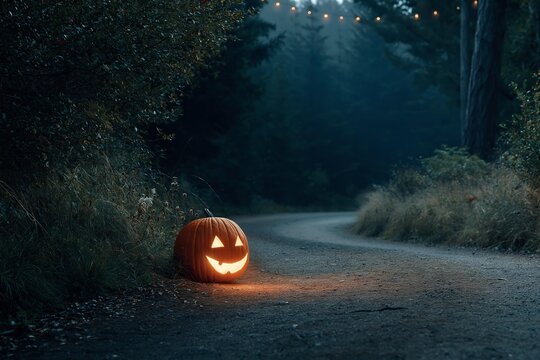 Jack o lantern pumpkin glows along a dark winding forest road at dusk. Spooky autumn evening lighting illuminates pathway through dense trees. Halloween celebration holiday concept