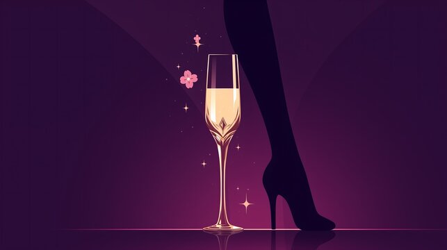 Champagne flute beside a high-heeled silhouette with pink blossoms on purple, ideal for reggaeton toast visuals, Latin nightclub branding, and feminine designs