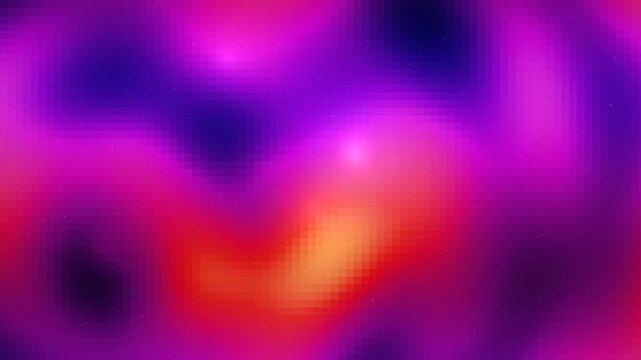 An abstract, pixellated background displays an intense, vibrant gradient of shifting pink, purple, red, and blue colors.