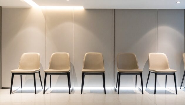 Modern waiting area with five beige chairs on black frame under soft lighting, showcasing minimalist symmetry and clean architectural design.