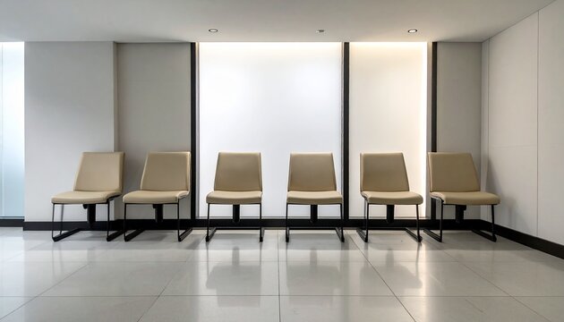 Modern waiting area with five beige chairs on black frame under soft lighting, showcasing minimalist symmetry and clean architectural design.
