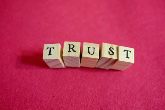 Wooden letters forming TRUST word on deep pink background, trust and relationship concept. Wooden letters forming TRUST, credibility and transparency concept