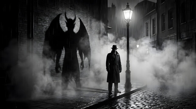 Man facing winged demon in foggy street.