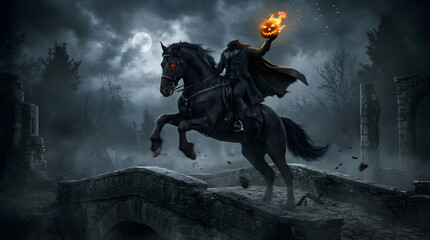 Naklejka premium Headless horseman holding flaming pumpkin on bridge at night.