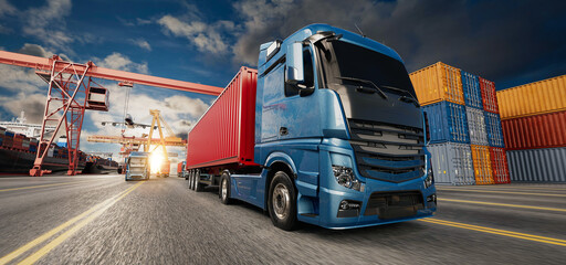 Naklejka premium Blue Freight Truck at Container Port with Stacked Containers