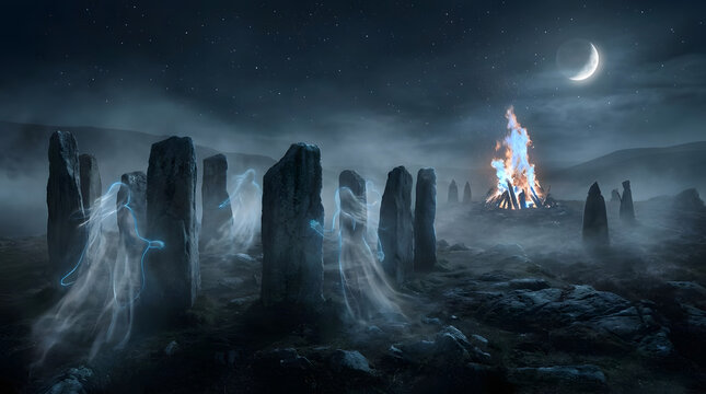 Ghosts dancing around bonfire at Stonehenge at night.