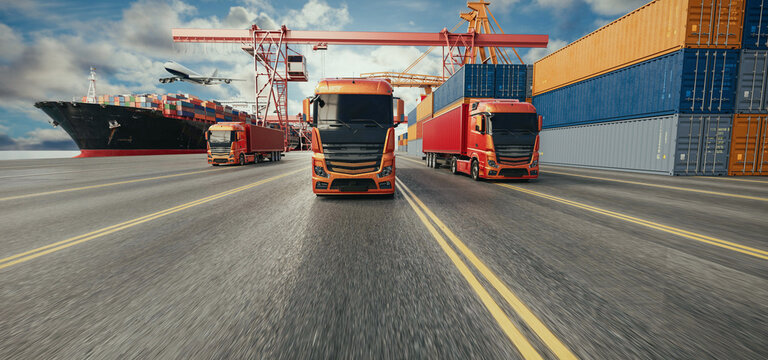 Freight Trucks at Container Port with Cargo Ship and Cranes