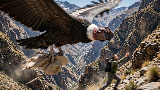 Andean condor stealing a hiker's hat while flying over a deep mountain canyon